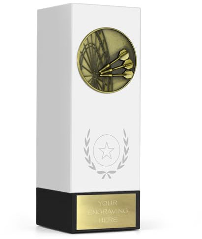 TROPHIESPLUSMEDALS GEO BLOCK Premium White & Black Darts Trophy 17cm (6 3/4) – Striking Gold Accented Award with Free Engraving for Champions & Leagues