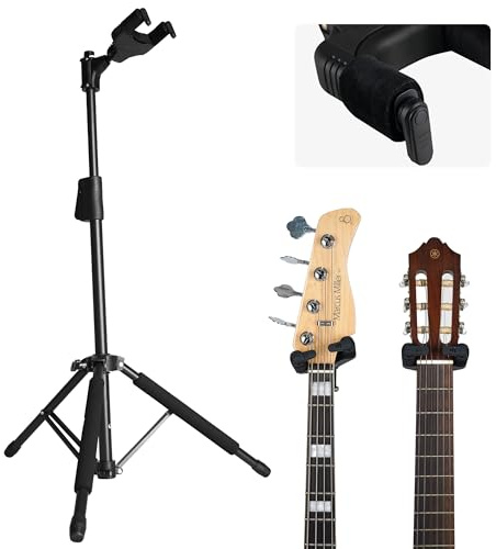 Sondery Supporto per chitarra per qualsiasi chitarra, basso con qualsiasi finitura, treppiede pieghevole regolabile autobloccante da pavimento