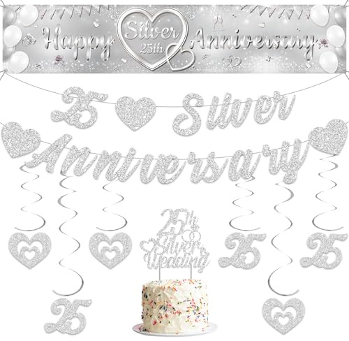 Aurmonigo 25th Wedding Anniversary Decorations - Happy Anniversary Banner Glitter Heart Hanging Swirls, Cake Topper Decoration Supplies for 25 Years Silver Wedding Party