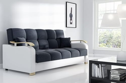 LIKMA Shandy Schlafsofa 215 cm Bonellfederkern Inari Schwarz & Weiße Kunstleder | Schlaffunktion & Bettkasten | 2 Kissen | 119x190 cm Liegefläche