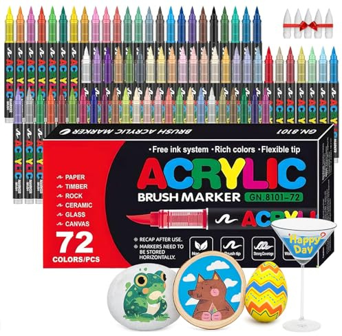Camiki Art Acrylic Paint Pens, 72 Colors Acrylic Brush Paint Markers, Acrylic Markers for Rock Painting Stone Glass Ceramic Wood Metal Fabric