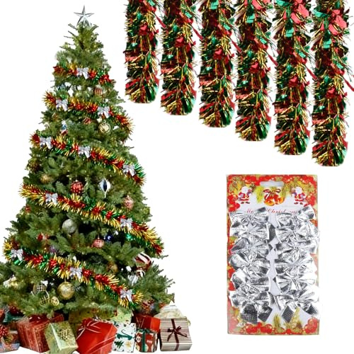 Lametta Girlande Weihnachtsgirlande, 6 Stück x 2M Lametta Weihnachtsbaum und 12 Schleifen, Metallic Garland Glitzernde Tannengirlande Dekoration Für Weihnachten, Hochzeiten, Urlaubsfeiern Dekoration