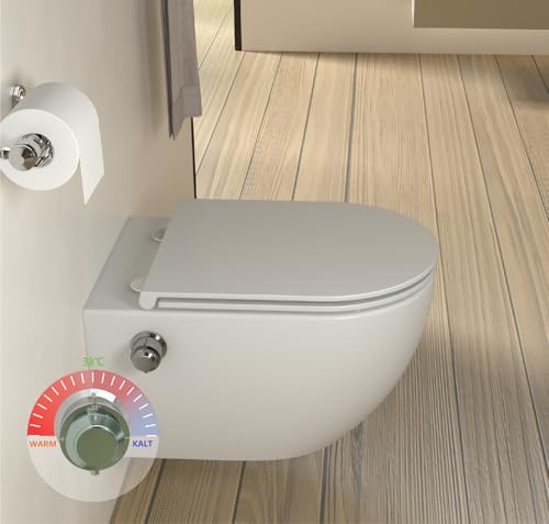 UDiseño Dusch WC, Taharet mit Integrierter Düse, Kalt-Warm wasser, Wand WC mit Bidet funktion, Spülrandlose & Tornado-Spülung, Dusche WC mit Nano-Beschichtung,Soft-Close Sitz, Schalldämmung, 52,5 cm