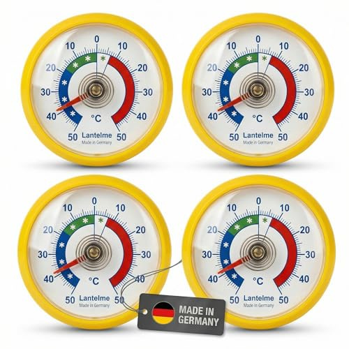 Lantelme 4 Stück Kühlschrankthermometer Set zum ankleben Temperaturüberwachung + - 50°C | Präzise Analog Thermometer für Kühlschrank Gefrierschrank Kühltheke Kühlhaus | Kunststoff (Gelb)
