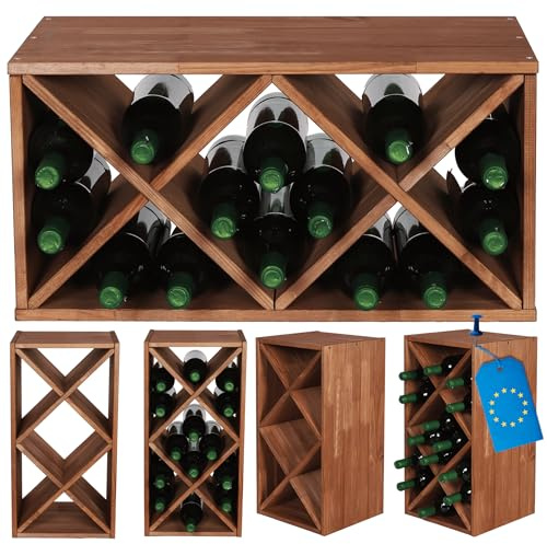 MODO24 X-Weinregal Massivholz 14 Flaschen Stapelbar 60x30x30 cm, Braun | Modulares Flaschenregal in X-Form, Dekorativer Weinständer & Kellerregal aus Massivholz für Küche, Wohnzimmer & Weinkeller