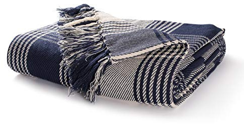EHC Premium Reversible 100% Cotton Large 250 x 380cm Super King Size Tartan Throws for Sofa, Bedspread Navy Blue