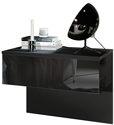 Vladon Nachttisch Sleep, Made in Germany, Nachttischschrank mit Schublade zur Wandmontage, Schwarz matt/Schwarz Hochglanz (60 x 46 x 35 cm)