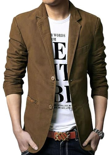 Mens Casual Blazer Slim Fit Suit Jackets Single Breasted Cotton Solid Coat Jacket Two Button Casual Blazer Jacket, Brown, XL