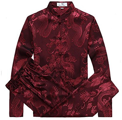 G-LIKE Costume chinois Tang Costume Kung Fu Chemise Costume traditionnel chinois Tangzhuang Kung Fu Veste à manches longues Costume Chemise Uniforme avec motif dragon, Rouge, S