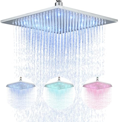 NeierThodore 12 LED Square Rainfall Shower Head Brushed Nickel Top Sprayer Shower Head Wall/Ceiling Mounted