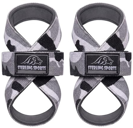 Sterling Sports Figure 8 Straps Padded Cuff Weight Lifting Straps Gym Training - Heavy Duty Wrist Wraps Powerlifting Crossfit Deadlift Support Fitness Gifts For Women & Men (Grey Cameo)
