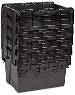 5x New 70 Litre Black L600xW400xH400 Recycled Plastic Storage Boxes Crates Totes with Lids - Industrial Strength Stack and Nest Containers