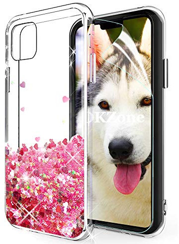 OKZone Case for iPhone 11 (6.1 Inches) Case Glitter [with HD Screen Protector], Fashion Flowing Liquid Sparkly Bling Quicksand 3D Glitter Design TPU Protective Case for iPhone 11 (Red Heart)