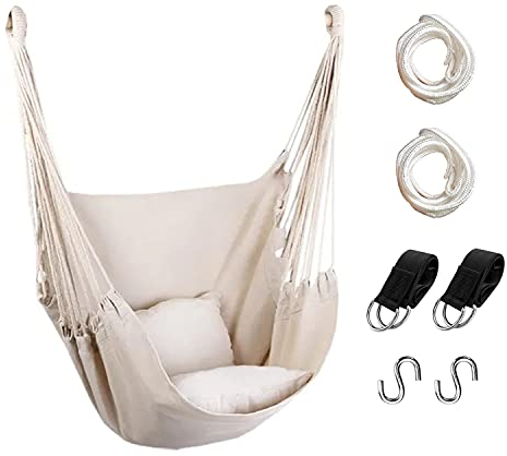 Hommtina Chaise hamac à suspendre en corde, max 136,1 kg avec poche et durabilité, parfaite pour l'extérieur, la maison, la chambre, la terrasse, la cour (oreillers non inclus, beige)