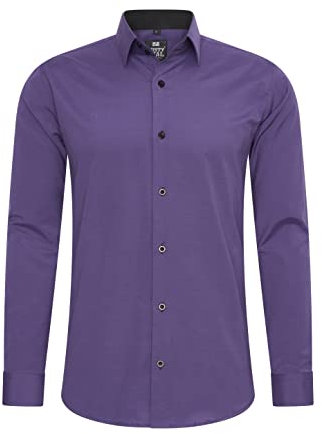 Rusty Neal Camicia da uomo di alta qualità, slim fit, a maniche lunghe, elasticizzata, a contrasto, per il tempo libero, Lilla, XL