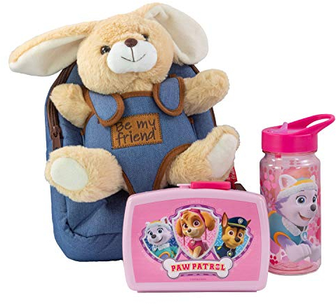 P:os 81443 PAW Patrol - Rucksack für Kinder mit abnehmbarem Plüschtier Hase Bob, Paw Patrol Brotdose und Trinkflasche in Pink, ideales Set für den Kindergarten oder bei Familienausflügen