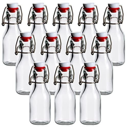 gouveo Juego de 12 botellas de vidrio redondas de 100 ml con tapa abatible - botella pequeña con tapa abatible para llenar - botella con tapa abatible para licor, jugo, aceite (BFR100)