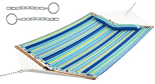 GOPLUS 320 cm Hängematte, Gesteppte Outdoor-Hängeliege mit abnehmbarem Kissen, Spreizstangen aus Hartholz und O-Ring-Stahlketten, für Terrasse Hinterhof Garten (Blau + Grün)