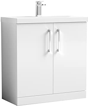 nuie ARN105D Arno Modern Bathroom Floor Standing 2 Door Vanity Unit with Thin-Edge Ceramic Basin, 800mm, Gloss White