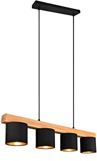lightling Cameron Pendelleuchte, 4-flammige Hängeleuchte in Kombination aus schwarz gold Stoffschirmen und Korpus aus Holz, exkl. 4 x E14 max. 28 Watt, höhenverstellbar bis 150 cm, Breite: 75 cm