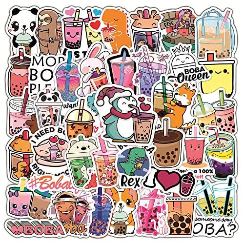 50Pcs Cartoon Beverage Stickers, Trendy Summer Bubble Milk Tea Flavored Drink Animal Sticker Pack, Cute Vinyl Waterproof Decals for Kids Teens, Party Favors for Water Bottle Laptop Phone