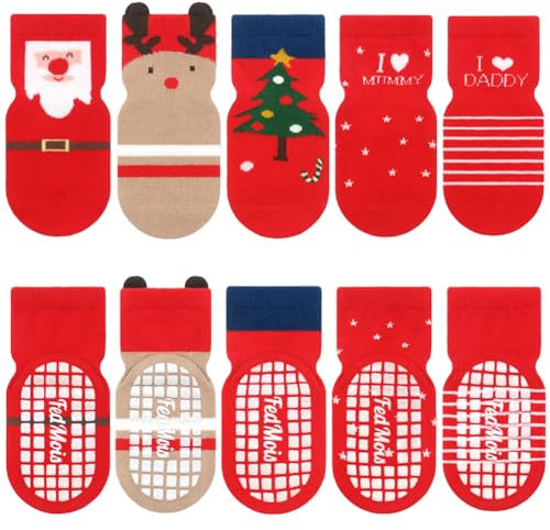 FedMois 5 paia calzini antiscivolo in cotone bimbi bambini motivi animali, Natale, 1-3 anni