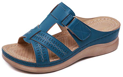 CELANDA Pantoletten Keilabsatz Damen Plateau Sandalen Sommer Kunstleder Freizeit Hausschuhe rutschfeste Strand Bequeme Sandaletten Frauen Vintage Sommerschuhe, Blau Gr.37 EU