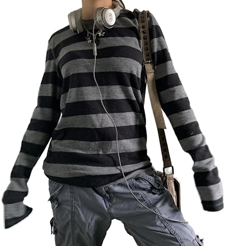 Himllauen Damen Langarmshirt Y2k Top Gestreift Oberteil Langarm Sweatshirt Frauen Vintage Aesthetic Clothes