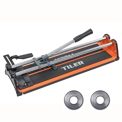 TILER Manueller Fliesenschneider, 43,2 cm, professioneller Porzellan-Keramik-Fliesenschneider mit verchromten massiven Schienen, Bonus 2 Ersatz-Wolframkarbid-Schneidrad, verstellbare Zaunlehre,