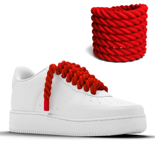 Chunky Laces - Lacci per scarpe rosso ciliegia con Aglets rossi (coppia di 2), corda spessa 10 mm, lunghezza 160 cm, corda macramè Air Force 1, lacci per scarpe da ginnastica in 20 colori, Rosso