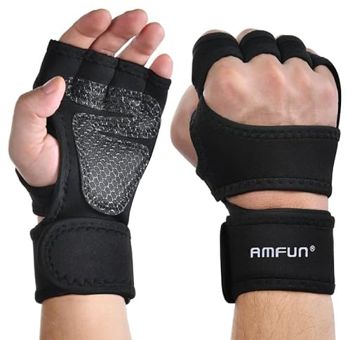 AMFUN Gants D'entraînement Ouverts à Demi-Doigts, Manique de Musculation avec Protection Supplémentaire de la Paume pour la Gym, Fitness, L'haltérophilie (L)