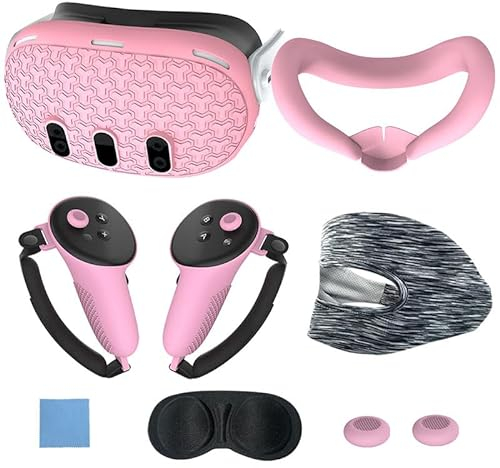 7-teiliges Set für Meta Quest 3 Zubehör,Quest 3 VR Silikon Gesichtsabdeckung,Anti-Scratch VR Shell Cover,Tastenwippenkappen,Objektivschutzhülle,Augenabdeckung,Wischtuch (Rosa)