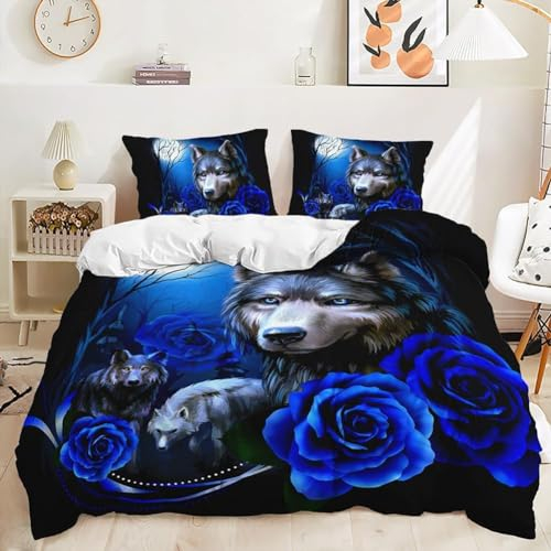 Gnomvaie Tier Bettwäsche 155x220cm 3D Wolf Rose Blau Muster Bettbezug Weich Mikrofaser mit Reißverschluss und Kissenbezug 80x80cm