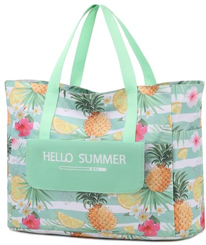 Myhozee Borsa Mare Grande xxl Famiglia,Borsa da Spiaggia Donna, con chiusura lampo, borsa estiva da spiaggia, impermeabile, per piscina,gite in spiaggia picnic viaggi Foglia verde (Ananas)