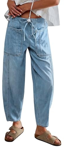 Women's Wide Leg Baggy Jeans Elastic Waist Barrel Jeans Trendy Loose Drawstring Ankle Denim Pants