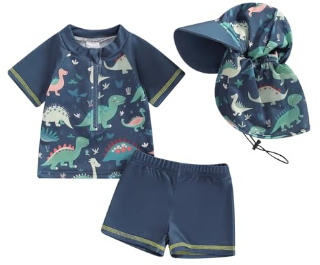 Maillot de Bain Bébé Garçon 3 Pièce Anti UV T-Shirt Manches Longues + Short de Bain + Chapeau de Soleil Costume de Bain Piscine Nataiton Plage (Bleu Foncé, 2-3 Years)