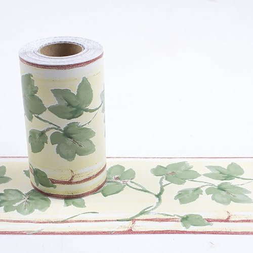 Jodimitty PVC Wallpaper Border Self Adhesive 10 Meter x 10cm Peel Stick Waistline Trim Wall Border for Living Room Bedroom Decoration, Ink Wash Painting Blurred Style (Green Leaf)
