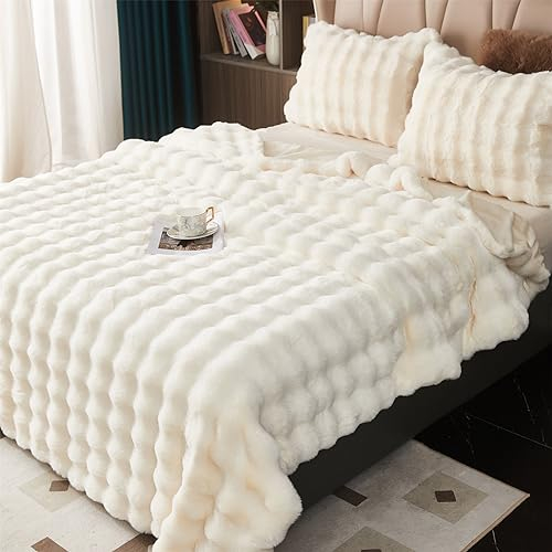 GKXLH Kuscheldecke Flauschig Decke - Weiche Plüsch Kuscheldecke Weiß, Fuzzy Kuschelig Decke Bettdecken, 1200GSM Kaninchen Kunstfell Leichte Decken Warme Flauschige Decke für Couch Bett Sofa (230x250)