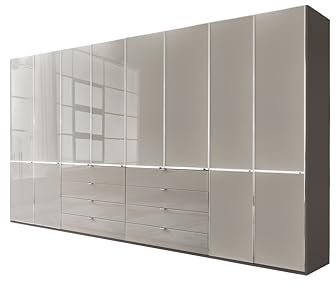 WIEMANN Drehtürenschrank mit 8 Schubkästen hochwertiger Kleiderschrank Schlafzimmerschrank 400cm breit, mit Schubladen, Glas Kieselgrau, Höhe 216cm, Shanghai