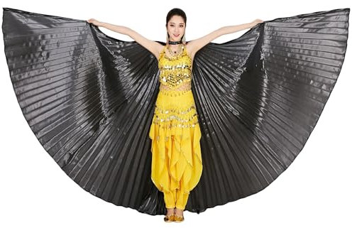 MUNAFIE Unisex Isis Flügel für Erwachsene Bauchtanz Flügel Umhang mit Stöcke Halloween Bauchtanz Kostüm Damen für Karneval Cosplay Tanzen Schwarz