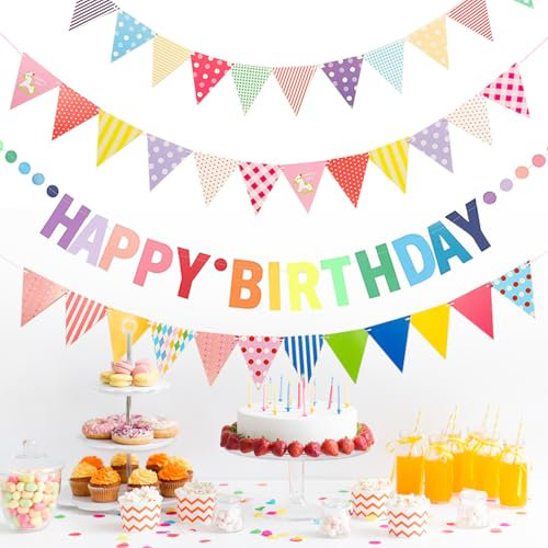 Fizdoqg Happy Birthday Girlande Banner 4 Stück Girlande Geburtstag Set Geburtstagsgirlande Geburtstagsdeko Bunt mit Dreieckiger Girlande für Erwachsene, Kinder, Mädchen, Frauen
