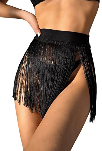 GORGLITTER Damen Quaste Rock Fransen Rock Cinch Taillengürtel Punk Gothic Cover-Up Partyrock Schwarz M