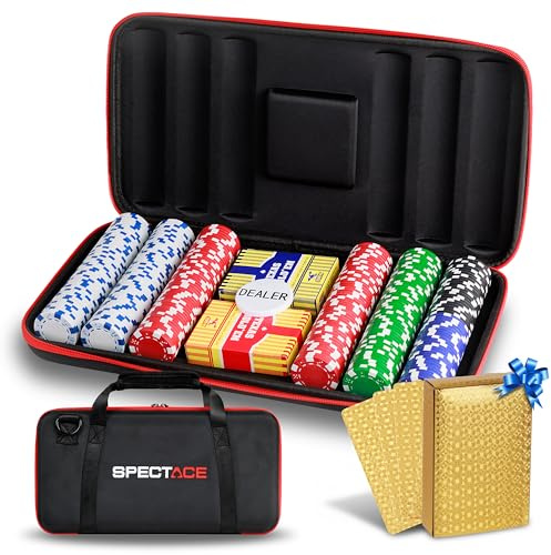 SPECTACE Pokerkoffer | PokerSet mit 300 Pokerchips je 11,5 g im Casino Stil - Poker Chips Set + Goldene Kartenspiel als Geschenk