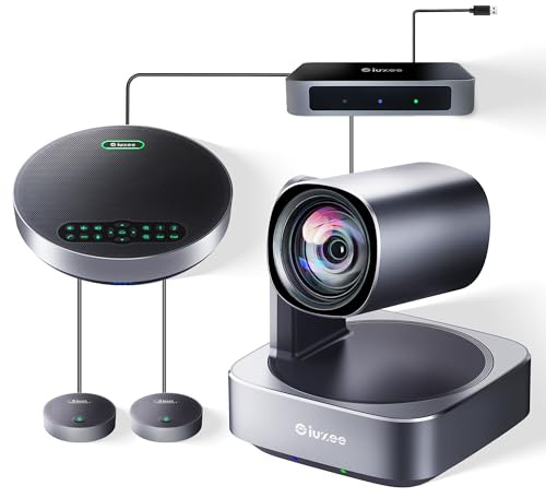 iuZee All-in-One PTZ 4K 12X Optical Zoom Video Conference Room Camera System with Bluetooth Speakerphone 2 Expansion Mics HDMI 78° Wide View Angle Lens Works with Zoom Webex for Large Meeting Room