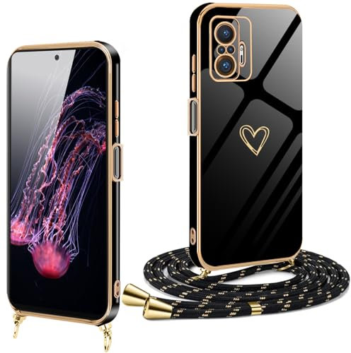 Funda para Redmi Note 10 Pro/ 10 Pro Max con Cuerda Antigolpes Carcasa para Redmi Note 10 Pro con Correa Colgante Collar de Cuello Fundas con Cordón Silicona Cover de Corazón con Oro de Lujo Case