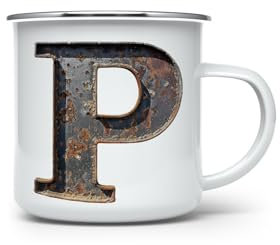 MAXIKIWI - Taza de camping esmaltada duradera para uso en interiores y exteriores, metal antiguo oxidado del alfabeto, 350 ml