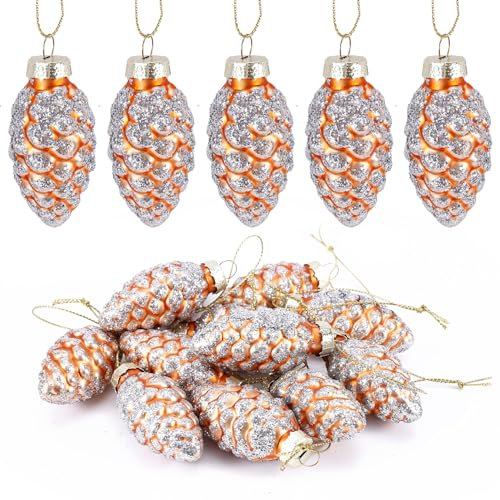 12pcs Christmas Pinecone Glass Ornaments, Fall Hanging Pine Cone Balls Vintage Small Mini Christmas Baubles Ornaments Painted Glass Ornaments Glass Ornaments Tree Decorations for Crafts