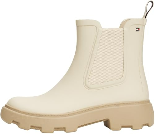 Tommy Hilfiger Donna Stivali in Gomma Rubber Rainboot con Tacco Quadrato, Avorio (Newsprint), 39