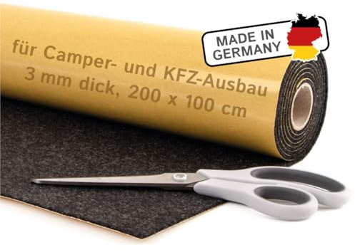 Selbstklebender Filz für Camper & Innenausbau – Meterware, Nadelfilz anthrazit, 200 x 100 cm, 3 mm dick – flexibel, isolierend - Made in Germany
