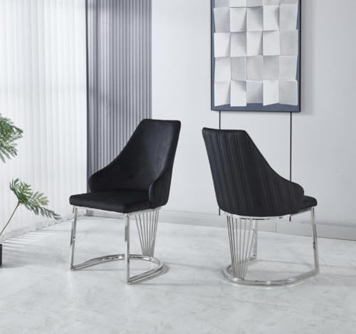 Modernique Velvet Upholstered Dining Chairs with Chrome Metal Legs, Set of 2, Black and Grey (Black)